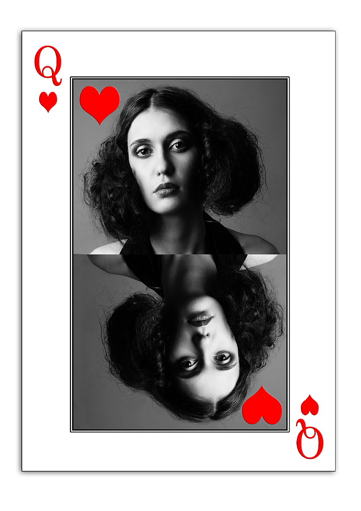 woman, face, playing card, map, ace, heart, body