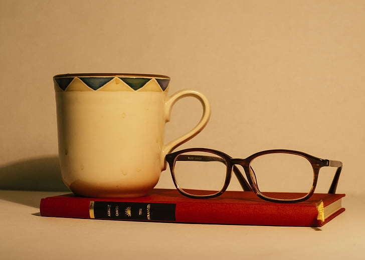 cup, book, eyeglasses, frame, lens, chill, relax