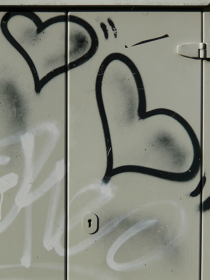 graffiti, hjerte, spray, farve, grå, sort