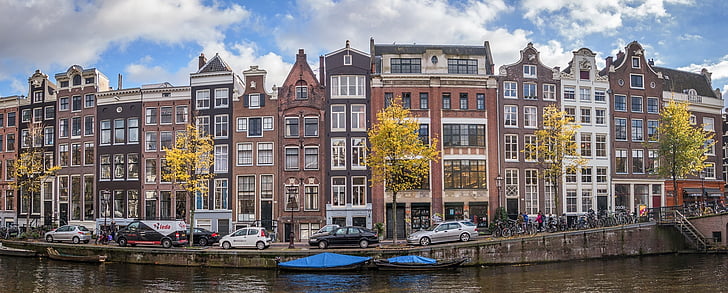 Amsterdam, canal, eau, urbain, architecture, maisons, arbres