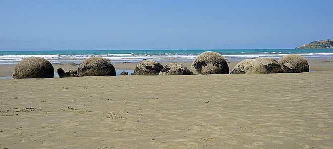 Moeraki boulders, stora bollar, stranden, stenar, Nya Zeeland, kusten, Sand