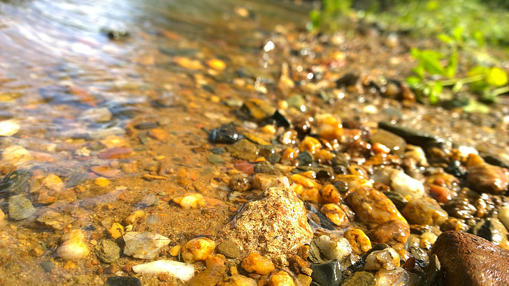 river bank, pebbles, water