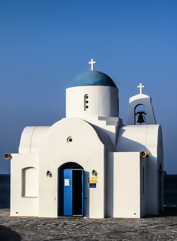 kostel, bílá, modrá, léto, Kypr, náboženství, Architektura