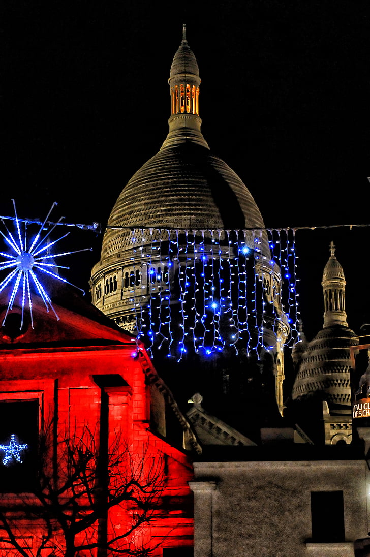 bazilika, Sacré-coeur, Montmartre, Karácsony, dekoráció, éjszaka, színek