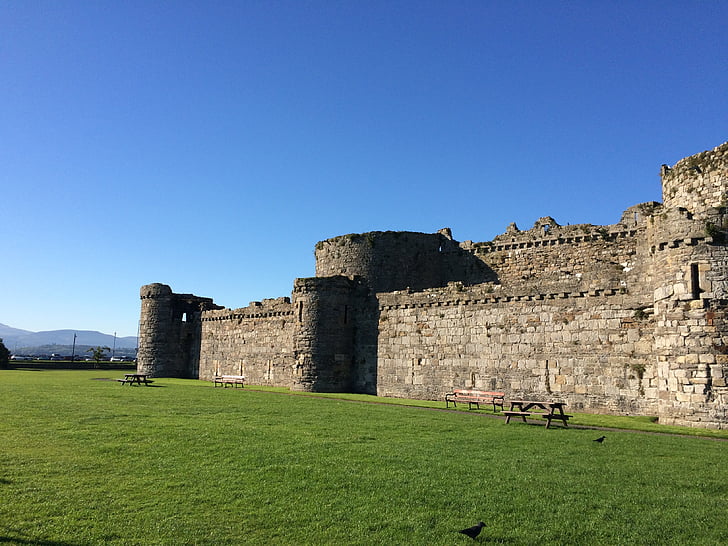 slott, blå himmel, Wales, medeltida, landskap, sommar, turist