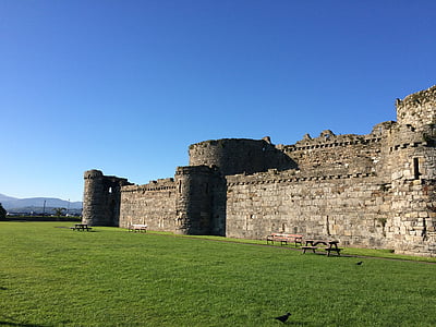 замък, синьо небе, Уелс, средновековна, пейзаж, лято, туристически