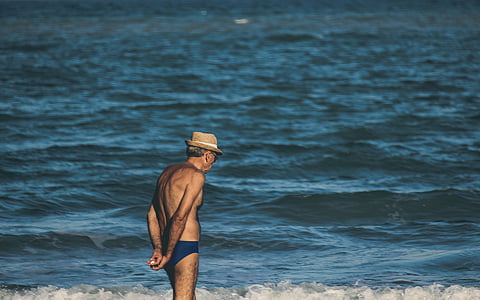 Beach, starší ľudia, muž, staré, osoba, more, chôdza