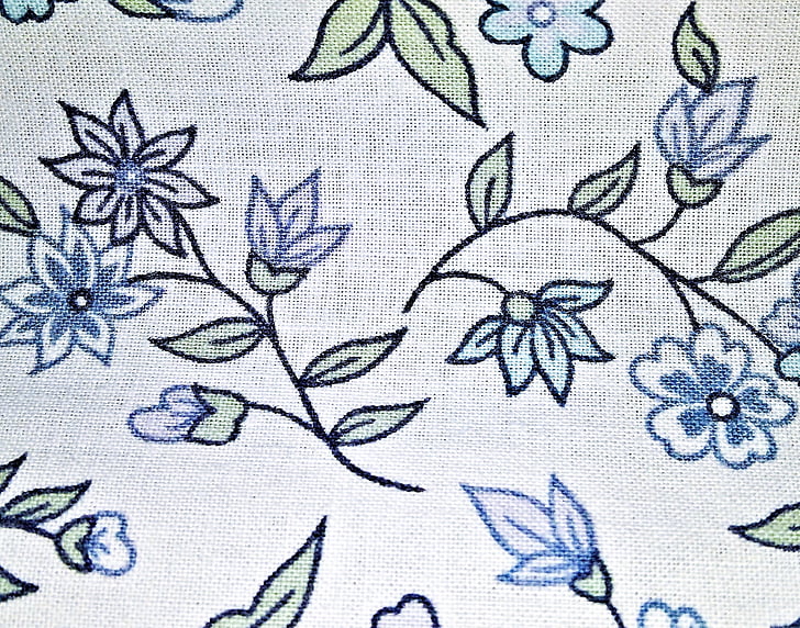 Fabric, textilní, Bavlna, bílá, kvetoucí popínavé rostliny, modrá - zelená, nostalgické