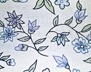 fabric, textile, cotton, white, flowering vines, blue -green, nostalgic