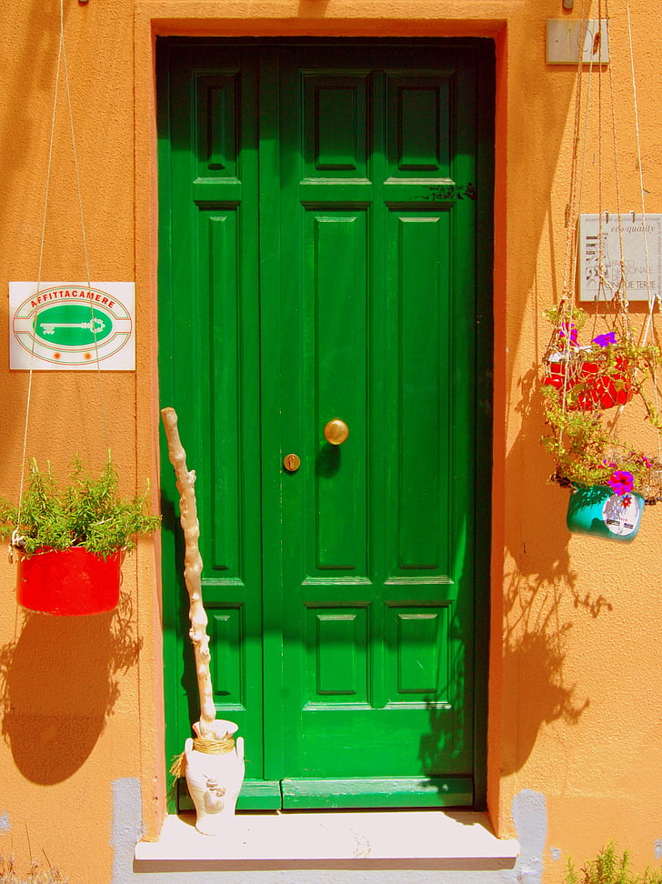 ประตู, ทางเข้า, สีเขียว, เจ้าของบ้าน, ดอกไม้, สี, มีสีสัน