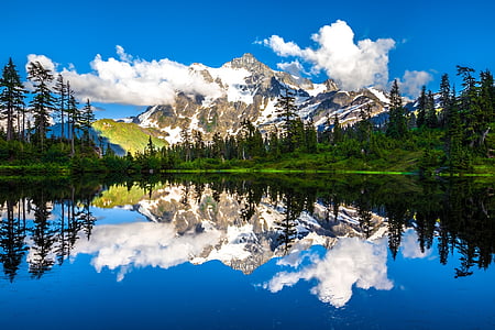 Lago de imagens, reflexão, nuvens, céu, montanhas, MT shukshan, Calma