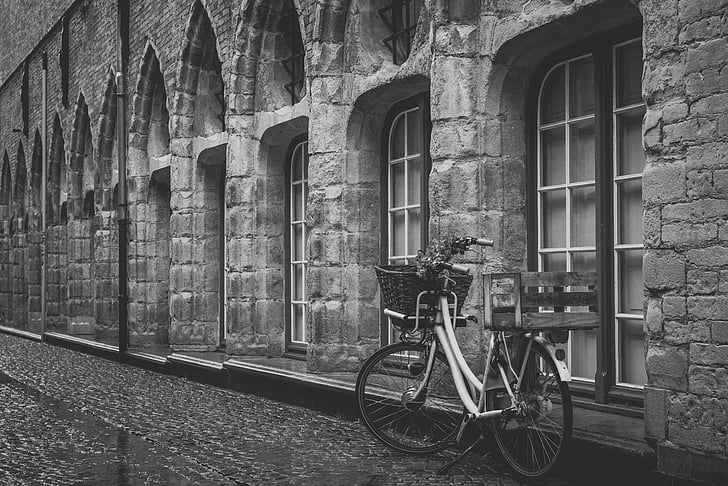 edifício, bicicleta, estacionado, rua, preto e branco, Windows, tijolo