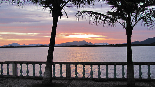 solnedgång, Mar, stranden, kokospalmer