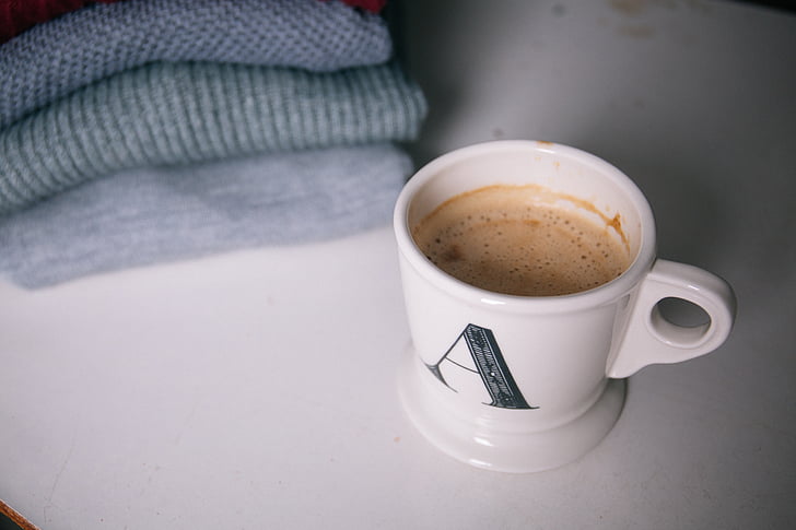 brown, liquid, filled, white, ceramic, mug, espresso