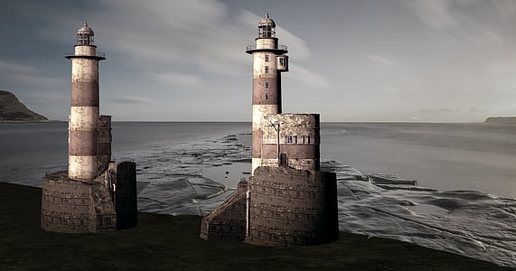 Lighthouse, kvällen, solnedgång, ebb, havet, fyrar, kusten