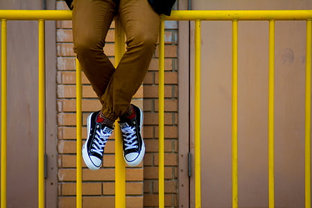 converse, shoes, sneakers, yellow, railing, brown, pants