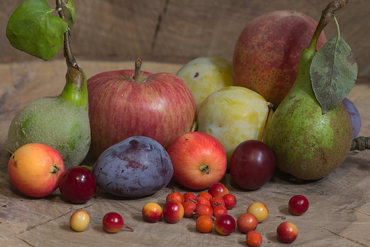 Natiurmortas, vaisių, obuolių, Maksas, kriaušės, slyvos, uogos