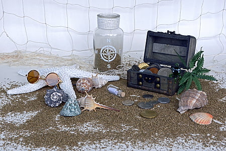 treasure chest, sand, squid, palm, starfish, mussels, coins