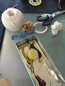 yarn, cotton, scissors, craft tools, tools, tin, craft