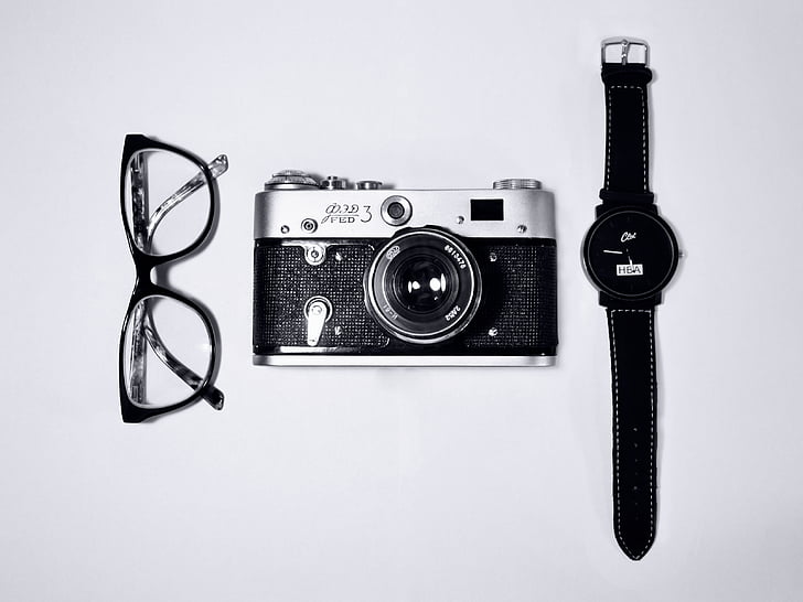musta, hopea, digitaalinen, kamera, Watch, silmälasit, valkoinen