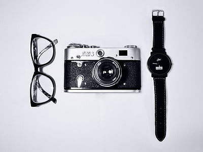 negro, plata, digital, cámara, reloj, lentes, Blanco