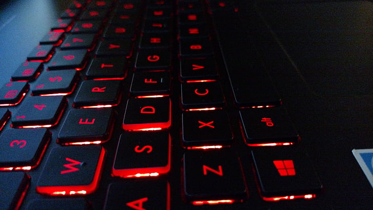 Tech, dator, tangentbord, röd, svart, datorns tangentbord, teknik