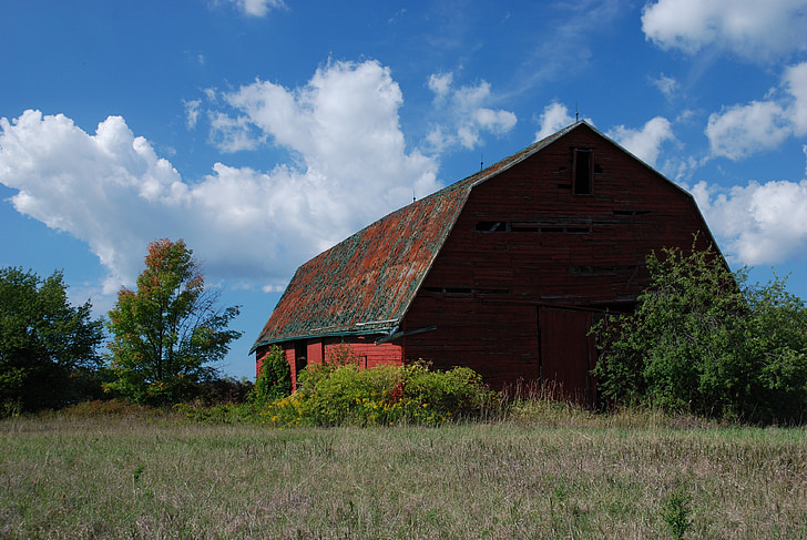 Barn, cũ, màu đỏ, bầu trời, Trang trại, mùa hè, nông nghiệp