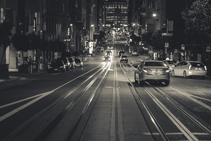 град, улици, автомобили, пътища, нощ, вечерта, светлини