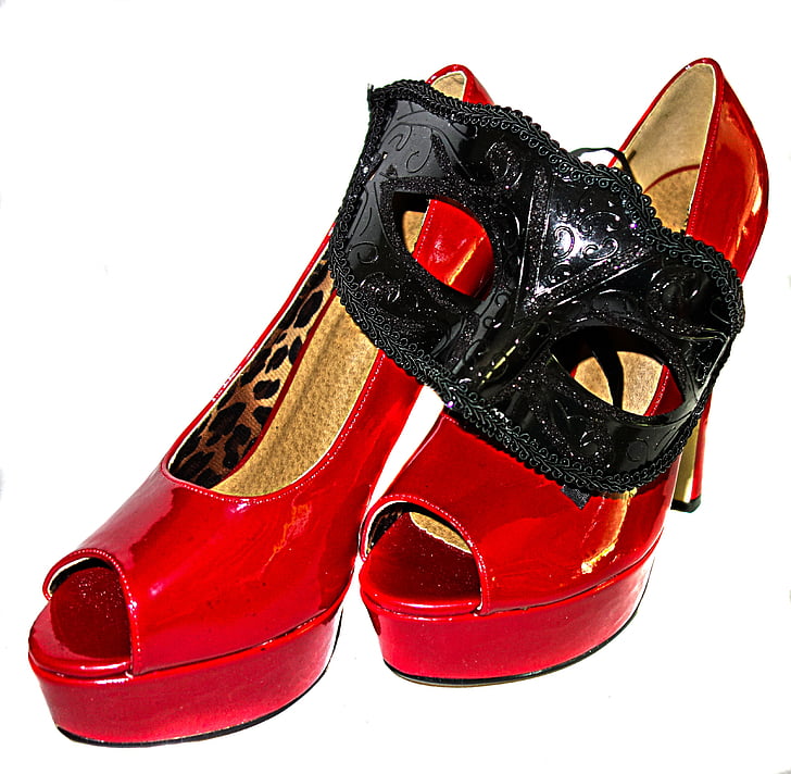 sapatos de salto altos, máscara, vermelho, tinta, couro, preto, misterioso