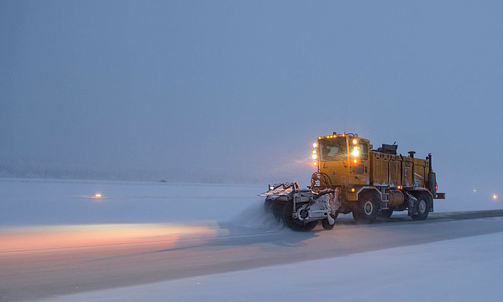 snowplow, road, night, truck, weather, storm, winter