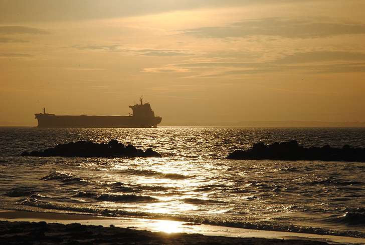 Boot, Hintergrundbeleuchtung, Küste, Sonnenuntergang