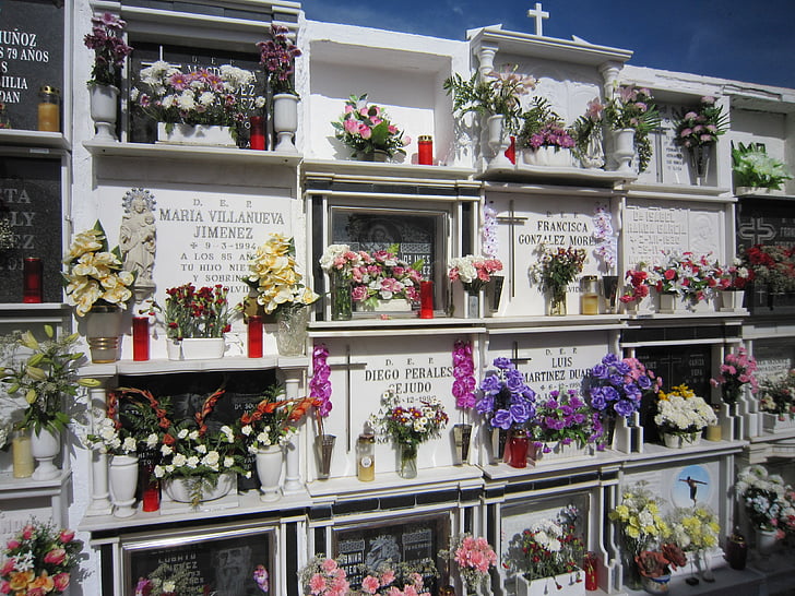 cemetery, urns, spain, wall, graves, flower