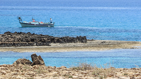 cyprus, rocky cost, blue, fishing boat, sea, mediterranean, beach