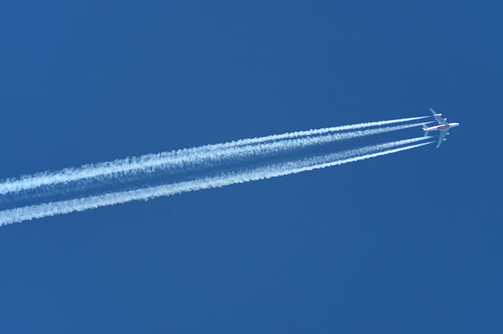 sky, airliner, condensation trails, air corridor