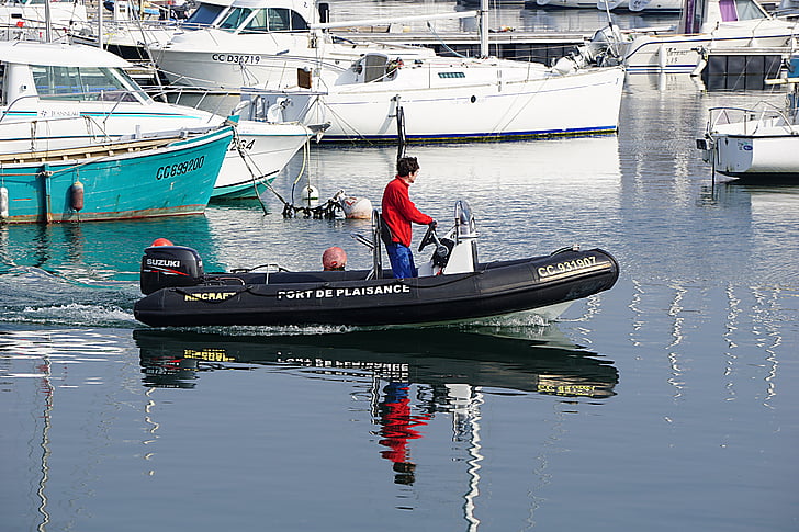 boat, port, reflections, water, inflatable dinghy, character, man