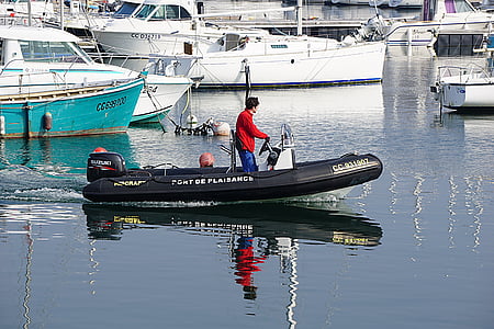 barco, Porto, reflexões, água, bote inflável, personagem, homem
