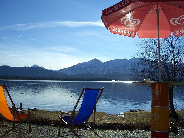 lake, relaxation, nature, mirroring, deck chair, parasol, rest