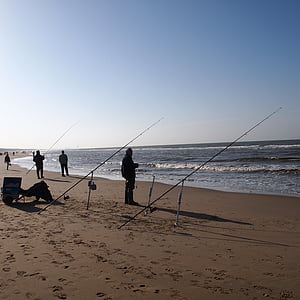 silhouette, people, fishing, sea, beach, fishing rod, landscape