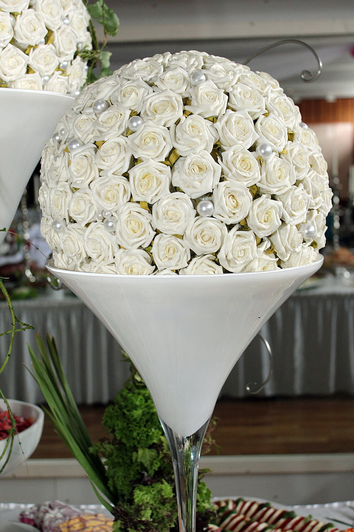 rozes, balta, galda rotājumi, ziedu vienošanās, ziedi, sektors
