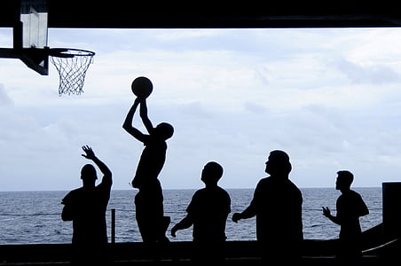 silhouette, people, playing, basketball, clouds, ocean, sea