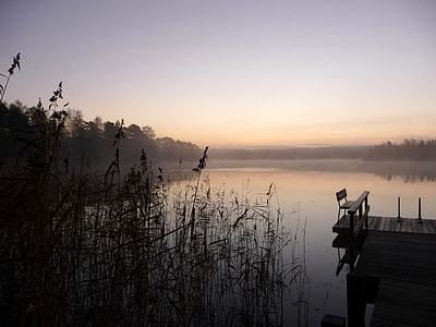 호수, 새벽, 아침, 레이아웃, 일출