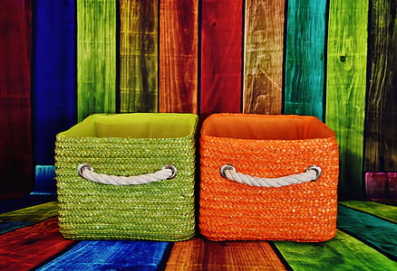 baskets, green, orange, colorful, storage, decoration, background