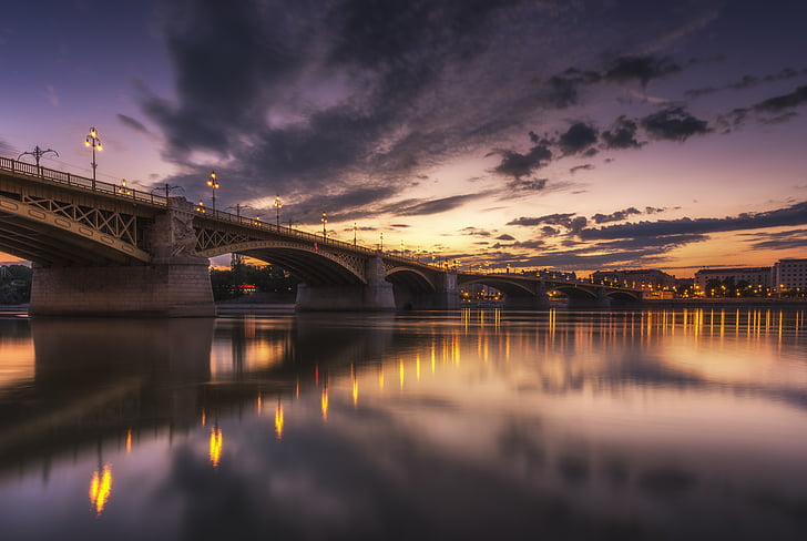 bridge, body, water, yellow, sunset, cloud, reflection