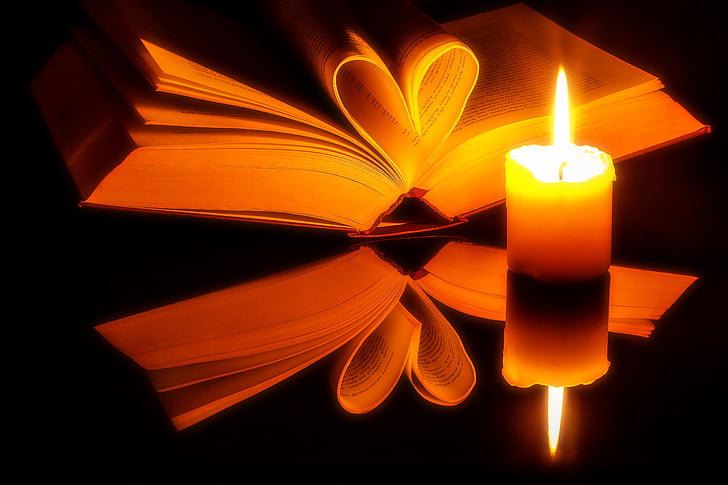 книга, страници, отвори, сърце, страници книга, роман, свещ