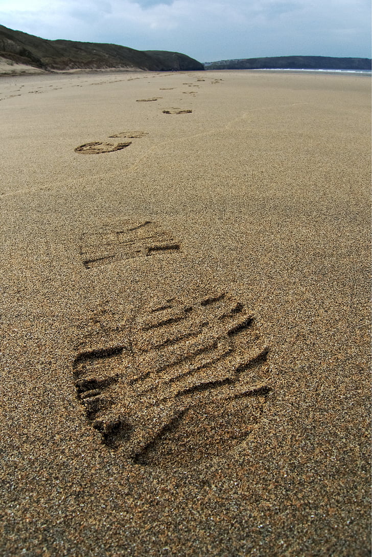 отпечатък, пясък, проследяване, печат, крак, обувка, плаж