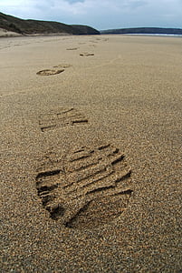 fodaftryk, sand, spor, udskrive, foden, boot, Beach