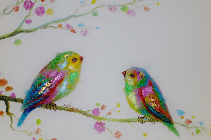 afbeelding, schilderij, vogels, inschrijving, kleurrijke, schattig, canvas