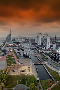 Bremerhaven, Đức, thành phố, tòa nhà, kiến trúc, Kênh đào, bay