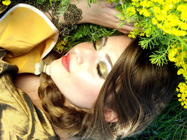 girl, sleep, flowers, yellow, beauty, women, lying Down