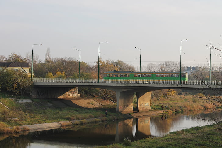 bridge, river, warta river, tram